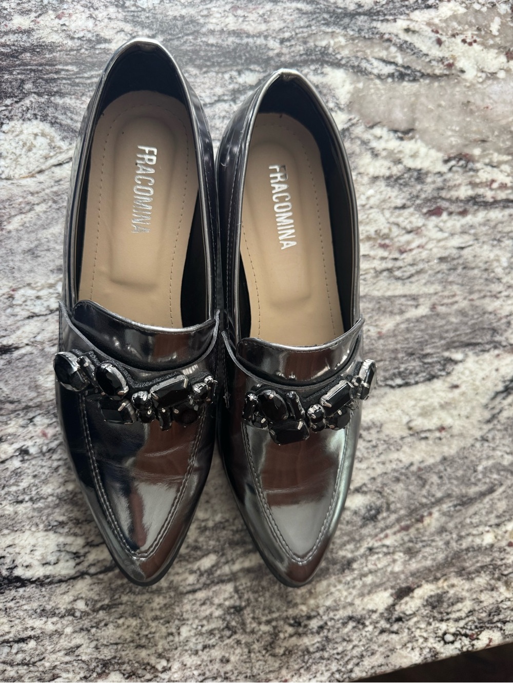 Black Patent Pointed Loafers with Jewel Detail